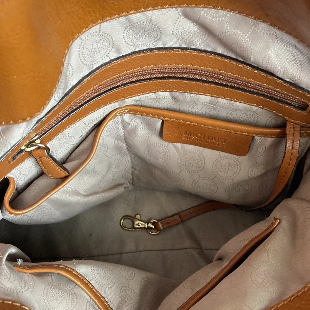 Michael Kors Beige Monogram Satchel with Tan Leather Trim